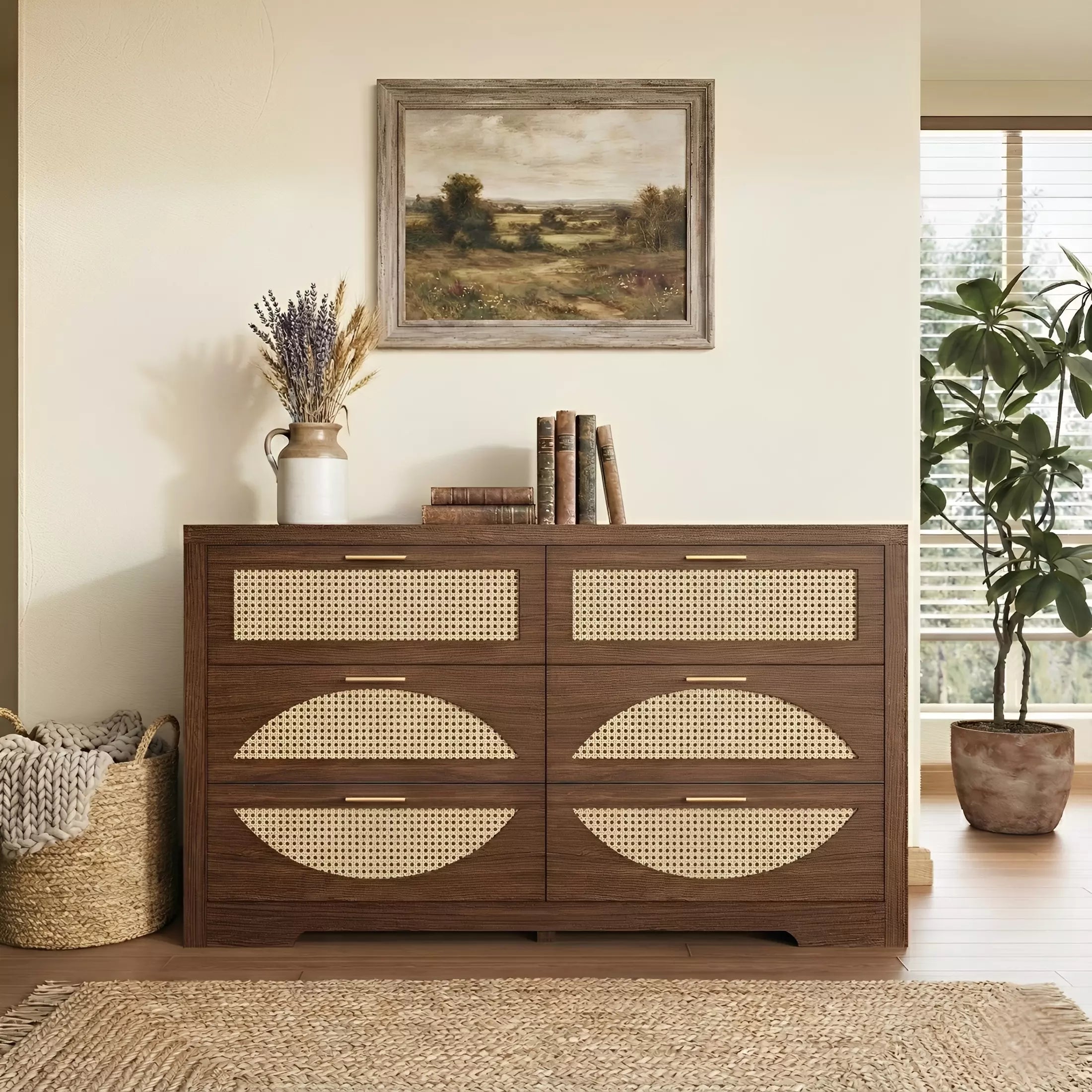 Arched Boho Rattan 6 Drawer Dressers Oak / Walnut
