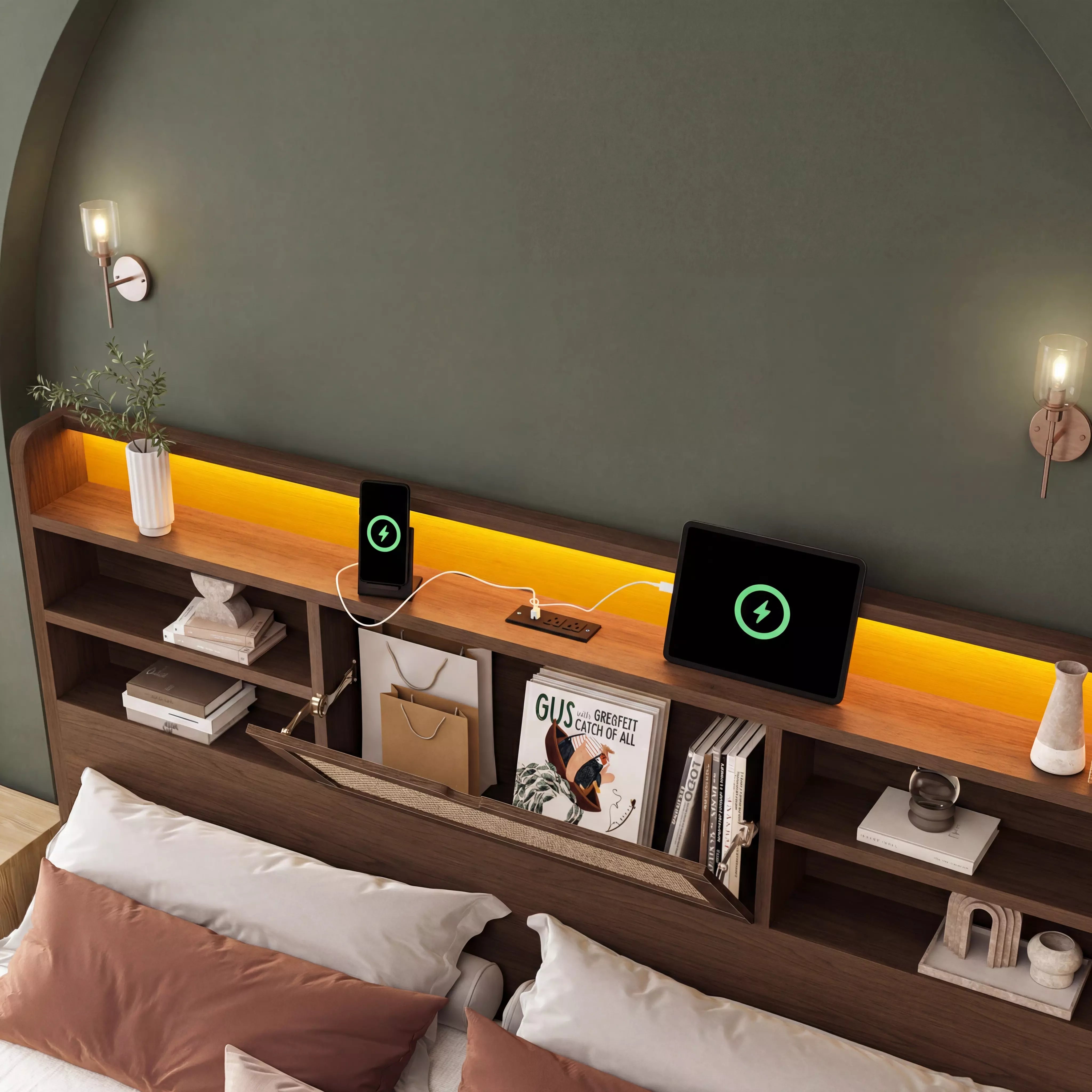 Boho Chic Rattan Storage Bookcase Bed Frame