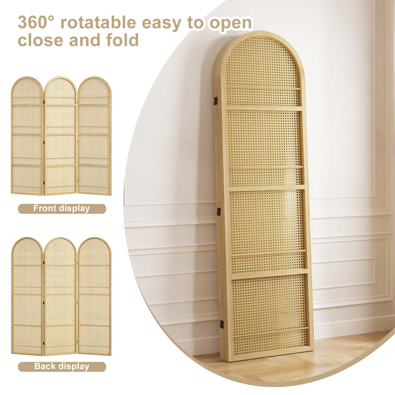 Natural wood arched panel screen folded completely flat to demonstrate flexible space-saving design