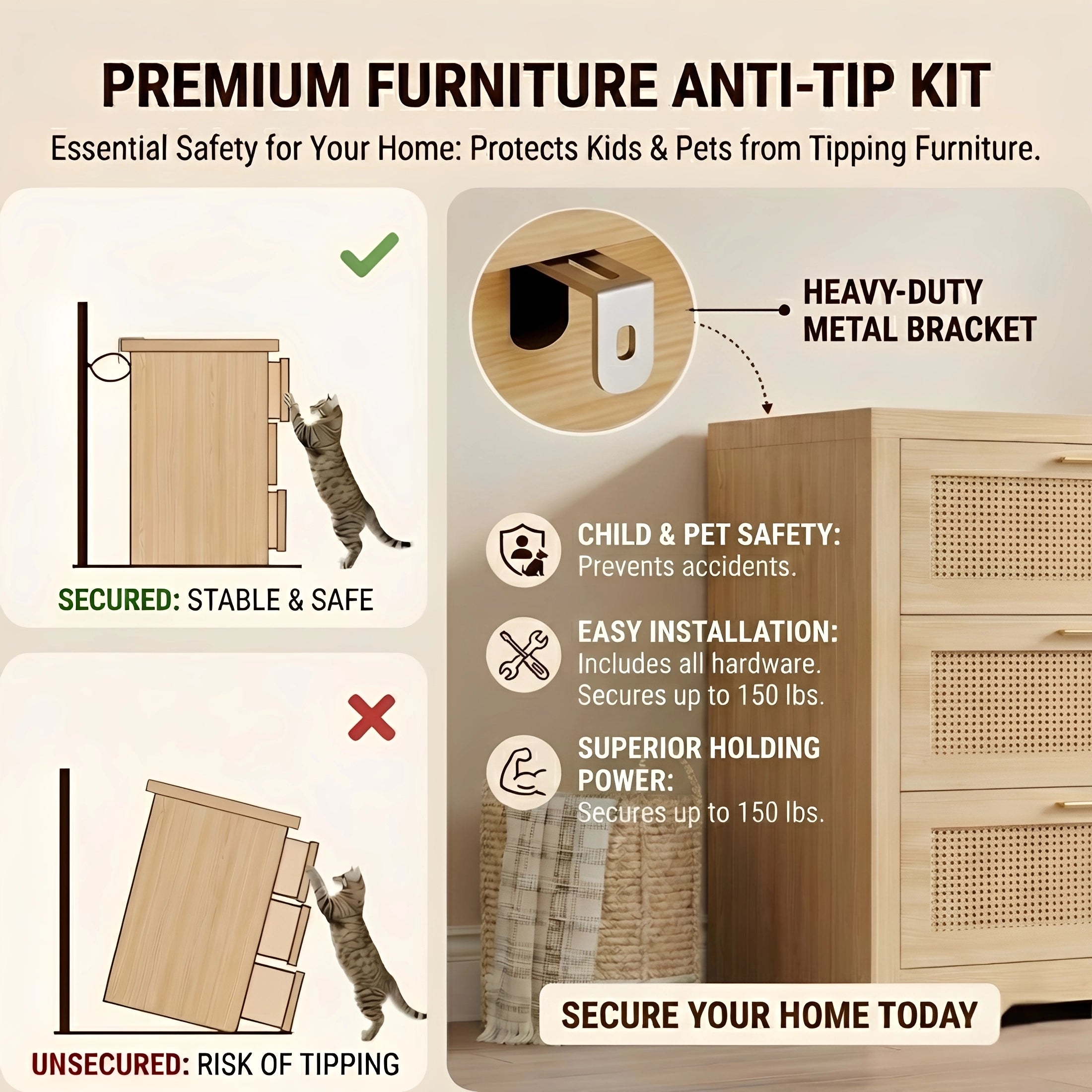 Premium furniture anti-tip kit for 6-drawer rattan dresser. Heavy-duty metal wall anchor prevents tipping to protect children and pets. Easy installation hardware included.
