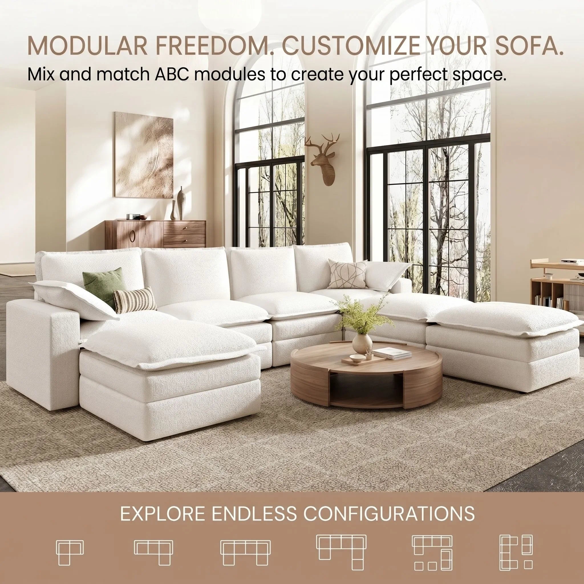 Large 125 inch conversation pit cloud sofa, perfect for family and social gatherings