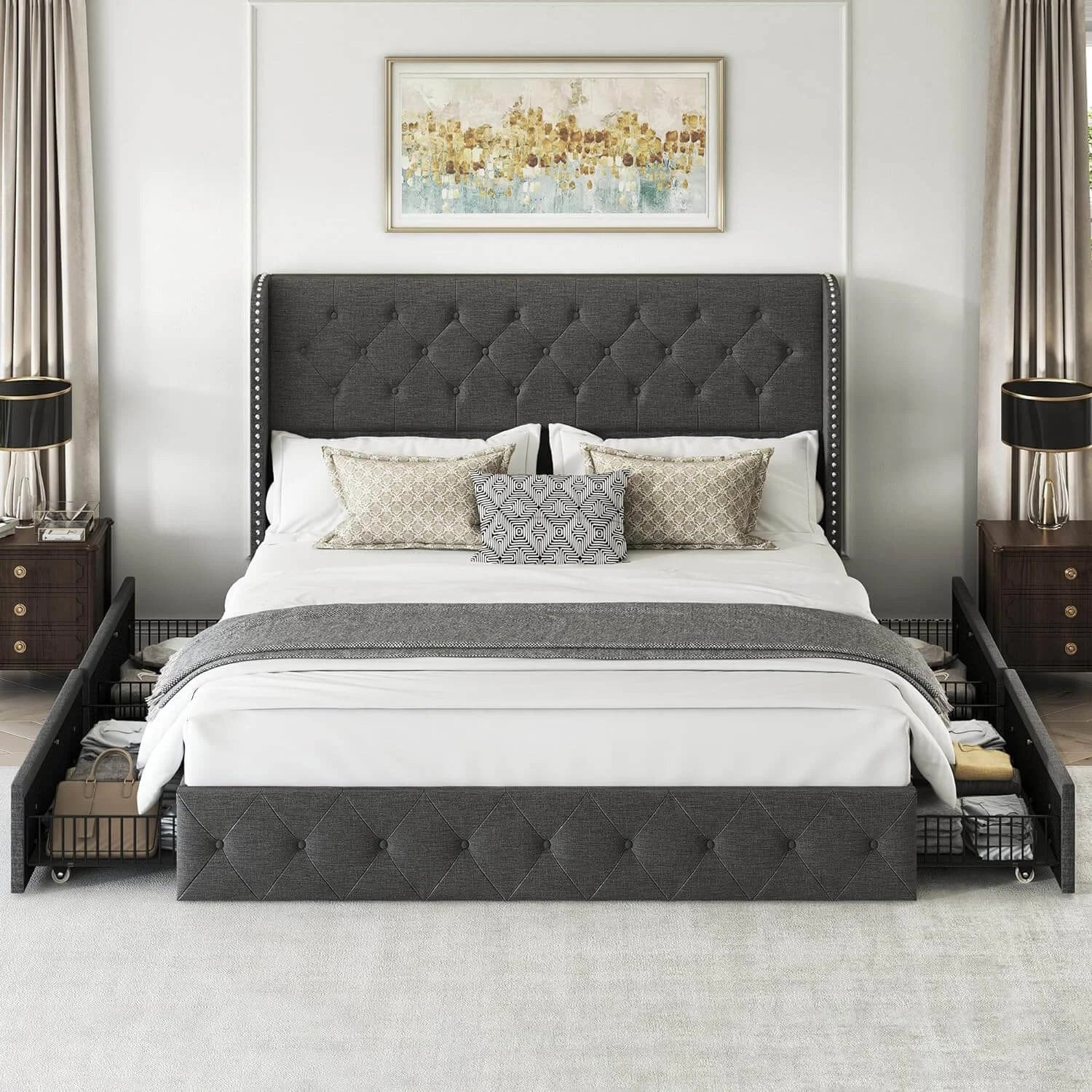 Larmace Modern Upholstered Platform Bed Frame with Button Tufted Velvet Wingback Headboard, 4 Storage Drawers Underneath