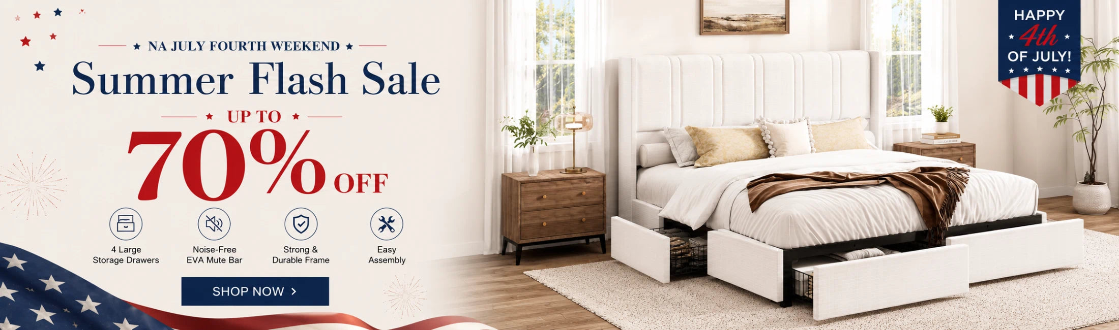 Larmace white upholstered storage bed frame with four drawers in a bright bedroom, July Fourth summer sale banner