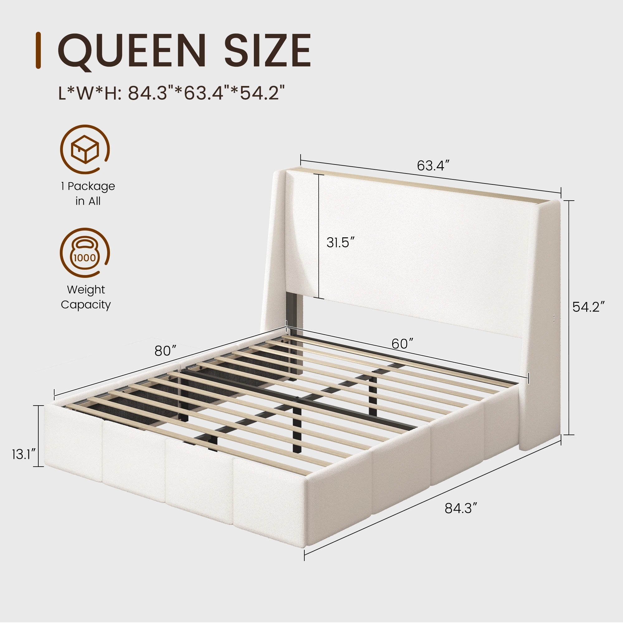 Queen size white sherpa upholstered platform bed frame dimensions
