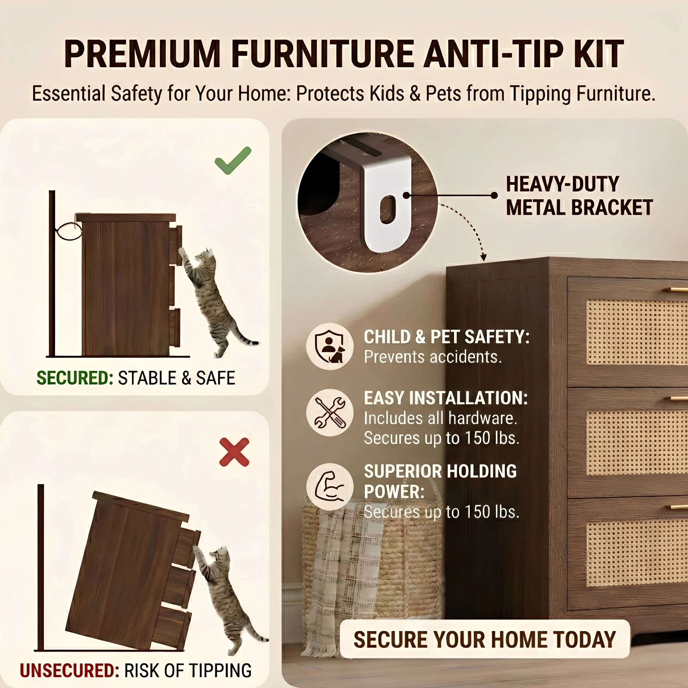 Premium furniture anti-tip kit for 6-drawer rattan dresser. Heavy-duty metal wall anchor prevents tipping to protect children and pets. Easy installation hardware included.