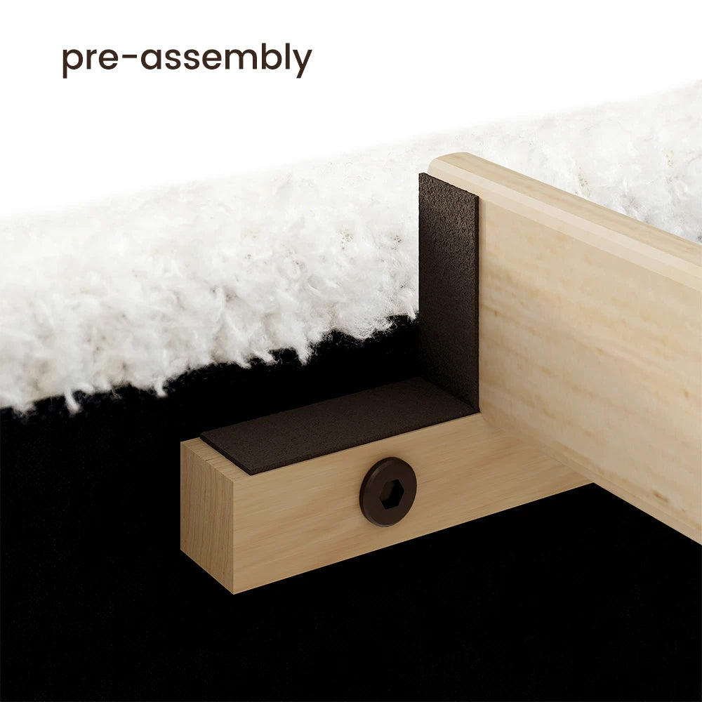 Pre-assembled part detail for white sherpa platform bed frame
