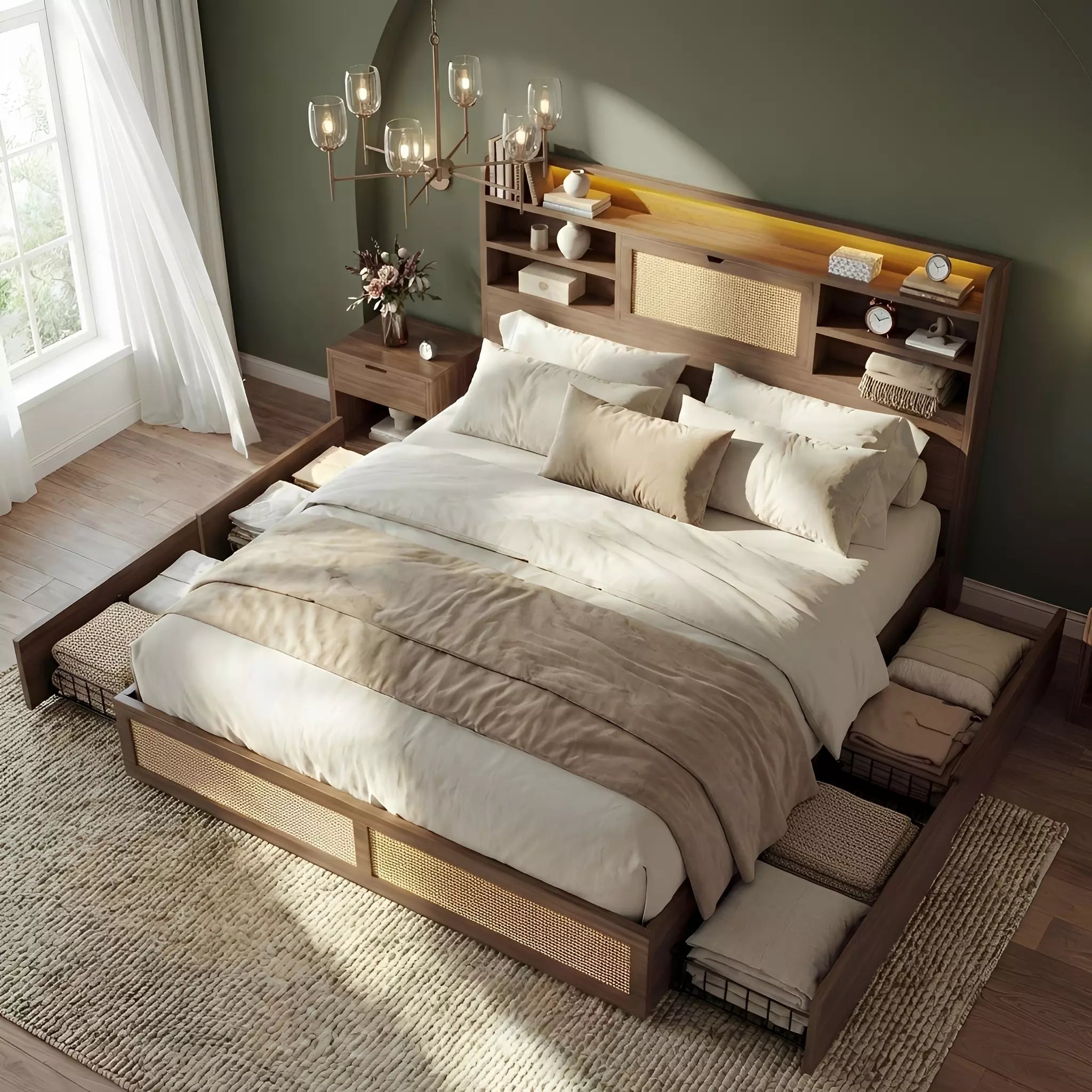 Boho Chic Rattan Storage Bookcase Bed Frame