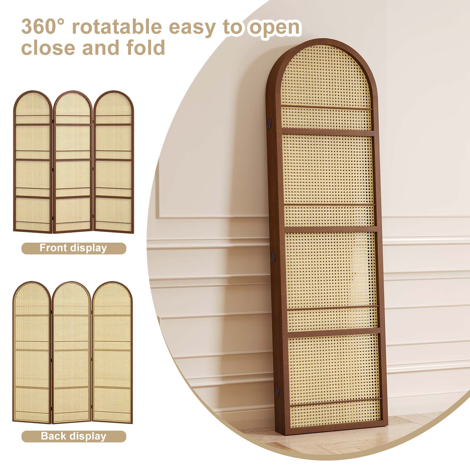 Walnut arched room divider folded in a zig-zag shape to highlight its easy storage and portable design