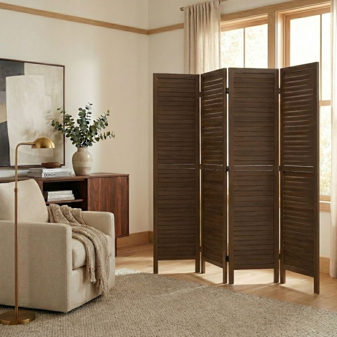 Dark walnut 4-panel louvered room divider for vintage and classic interior styles