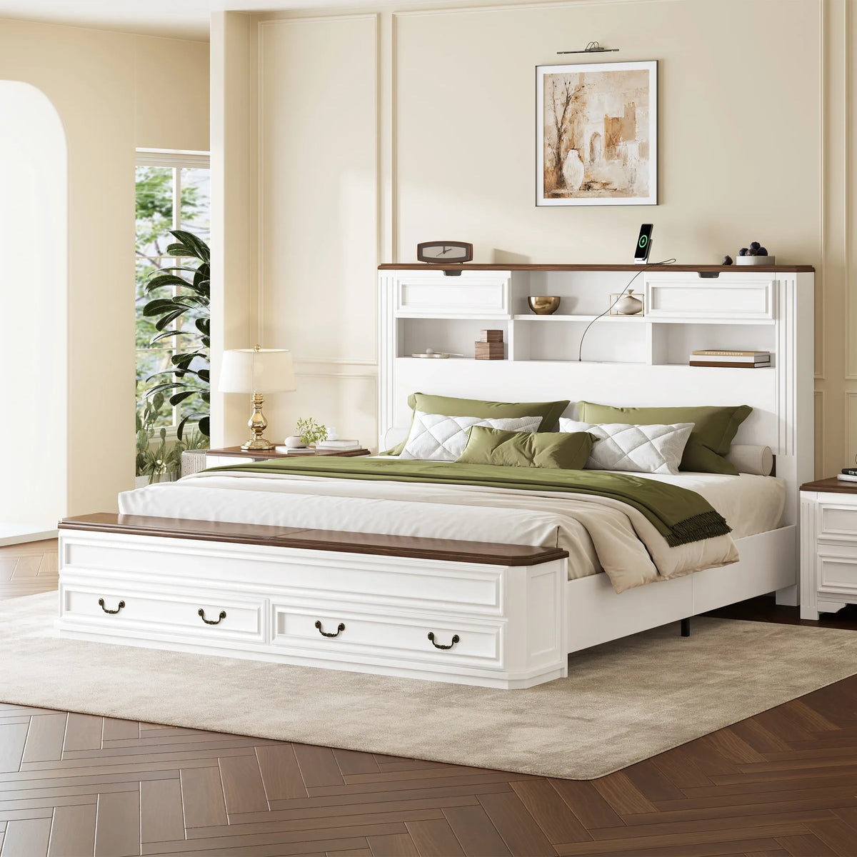 Farmhouse Storage Bed with Bookcase & Charging Station