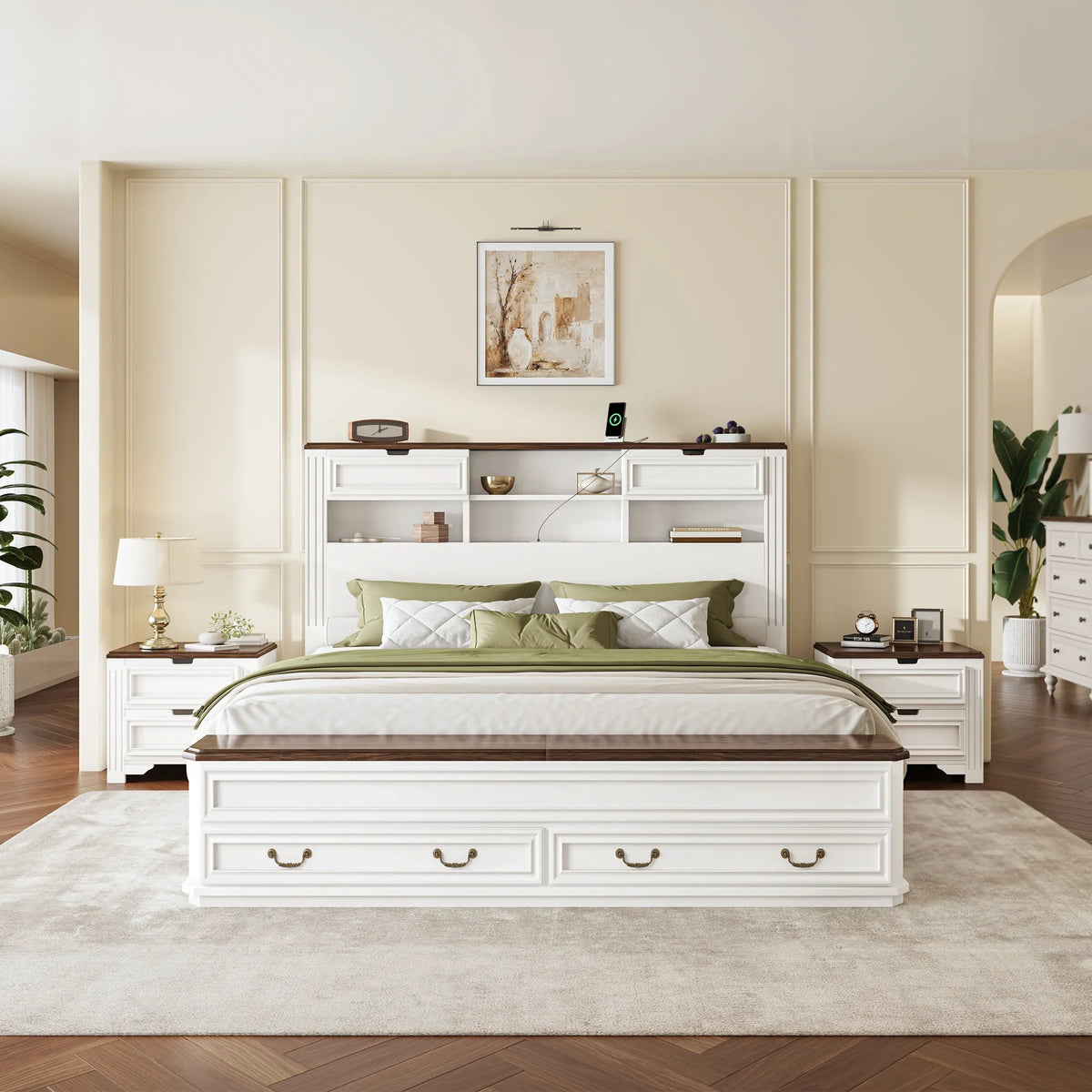 Farmhouse Storage Bed with Bookcase & Charging Station