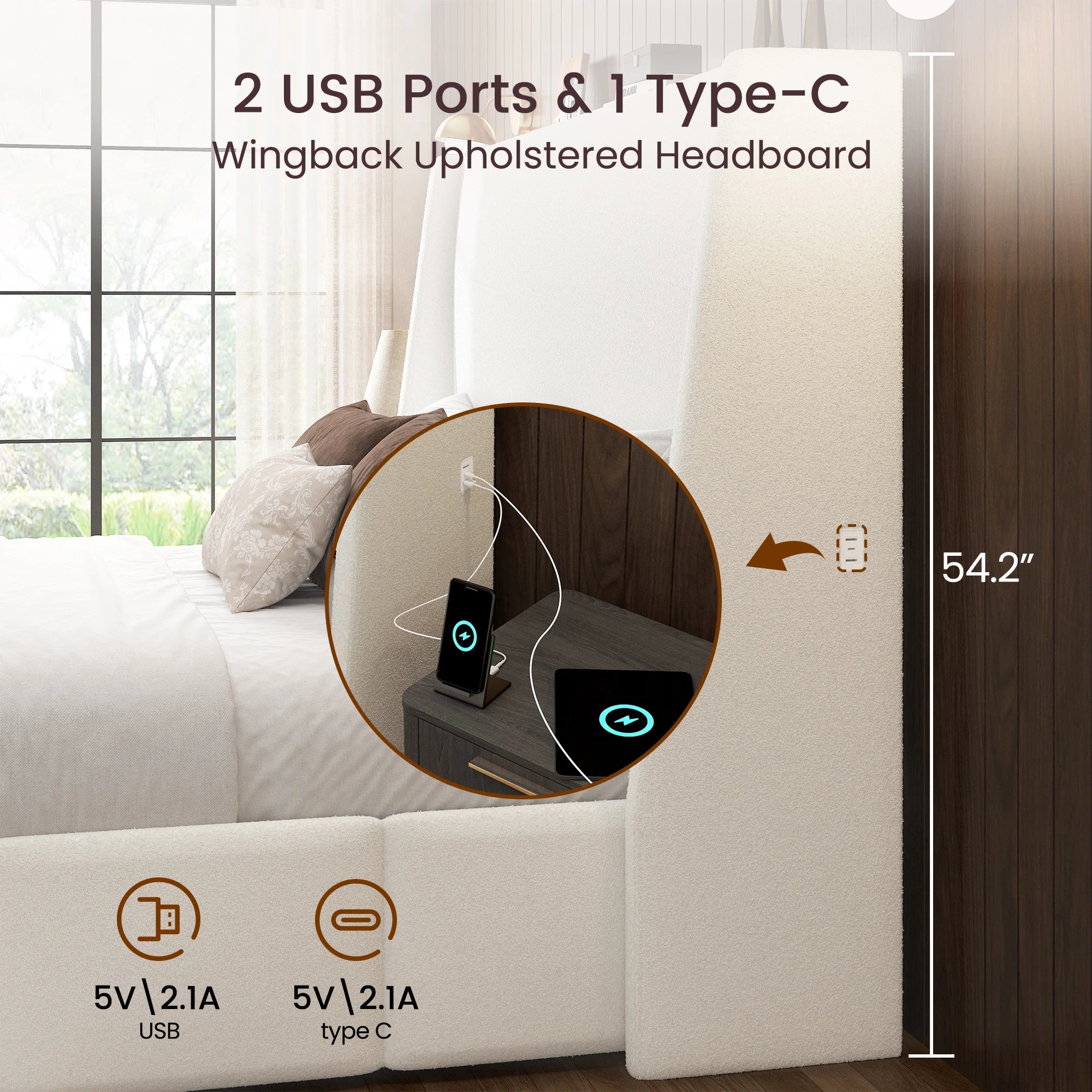 White sherpa platform bed frame with USB and Type-C charging ports