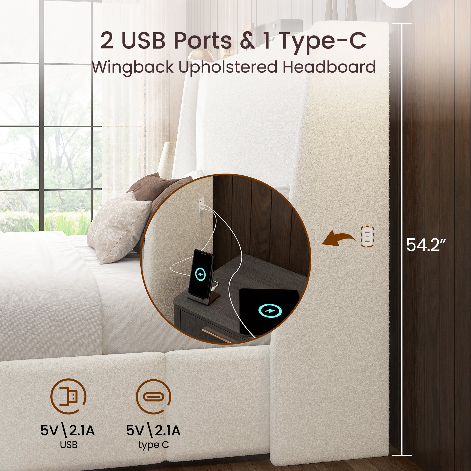 Built-in USB and Type-C charging ports on white sherpa bed frame