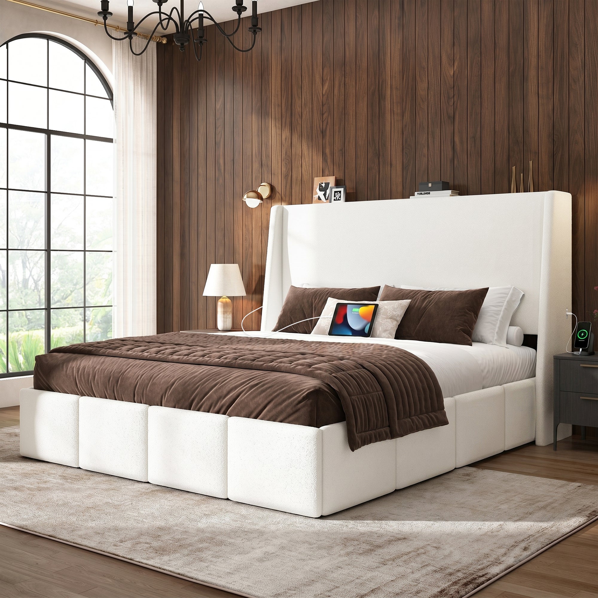 White Adjustable Platform Bed Frame, Storage Headboard & Charging