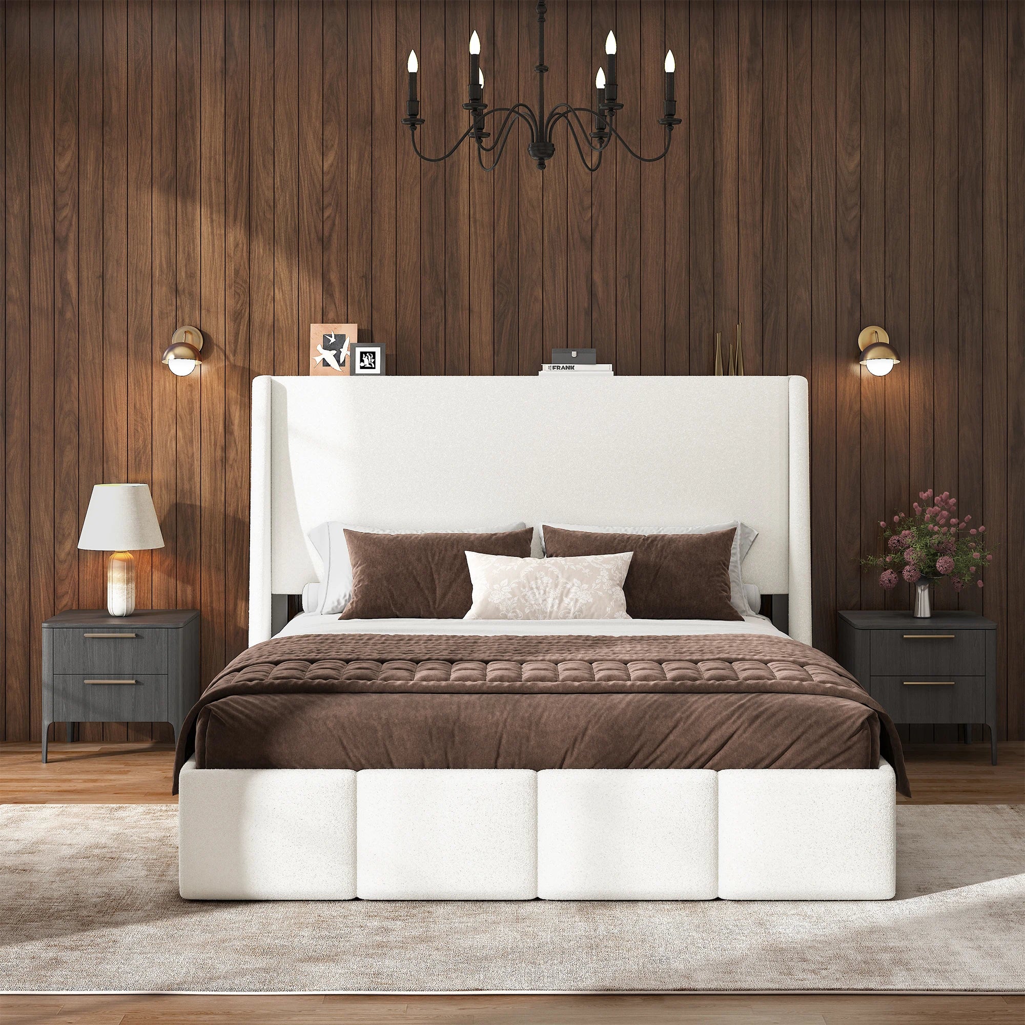 Front angled view of white sherpa platform bed frame with tall cushioned headboard