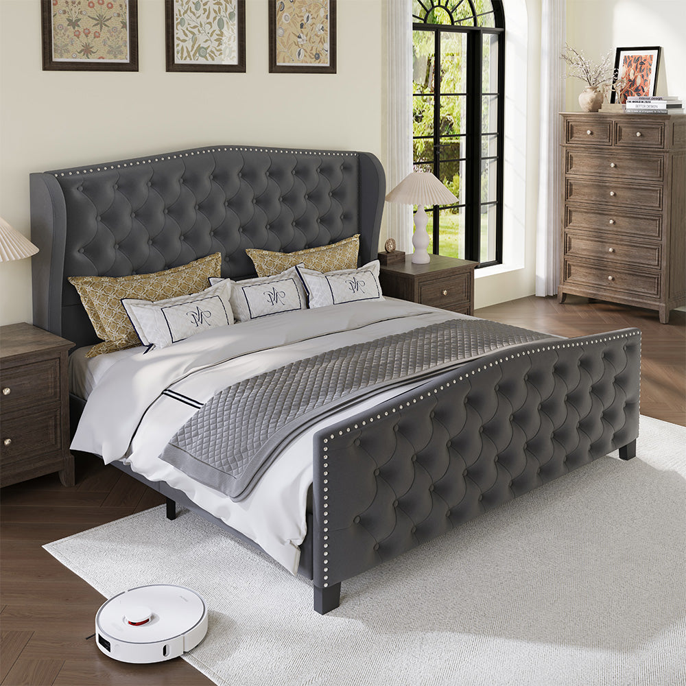 Larmace Upholstered Wingback Bed with High Tufted Headboard for Bedroom, KING SIZE