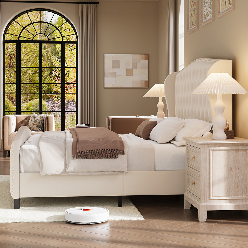 Larmace Upholstered Wingback Bed with High Tufted Headboard for Bedroom, KING SIZE