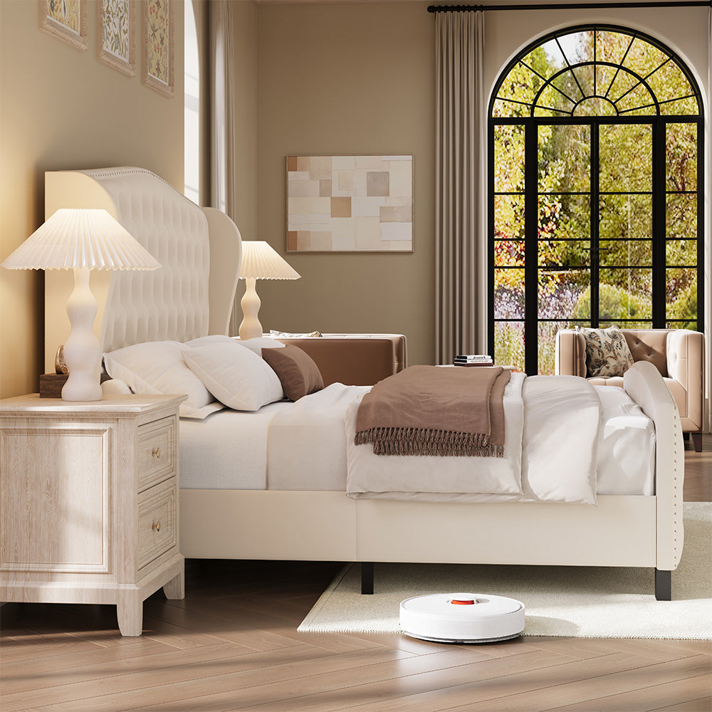 Larmace Upholstered Wingback Bed with High Tufted Headboard for Bedroom, KING SIZE