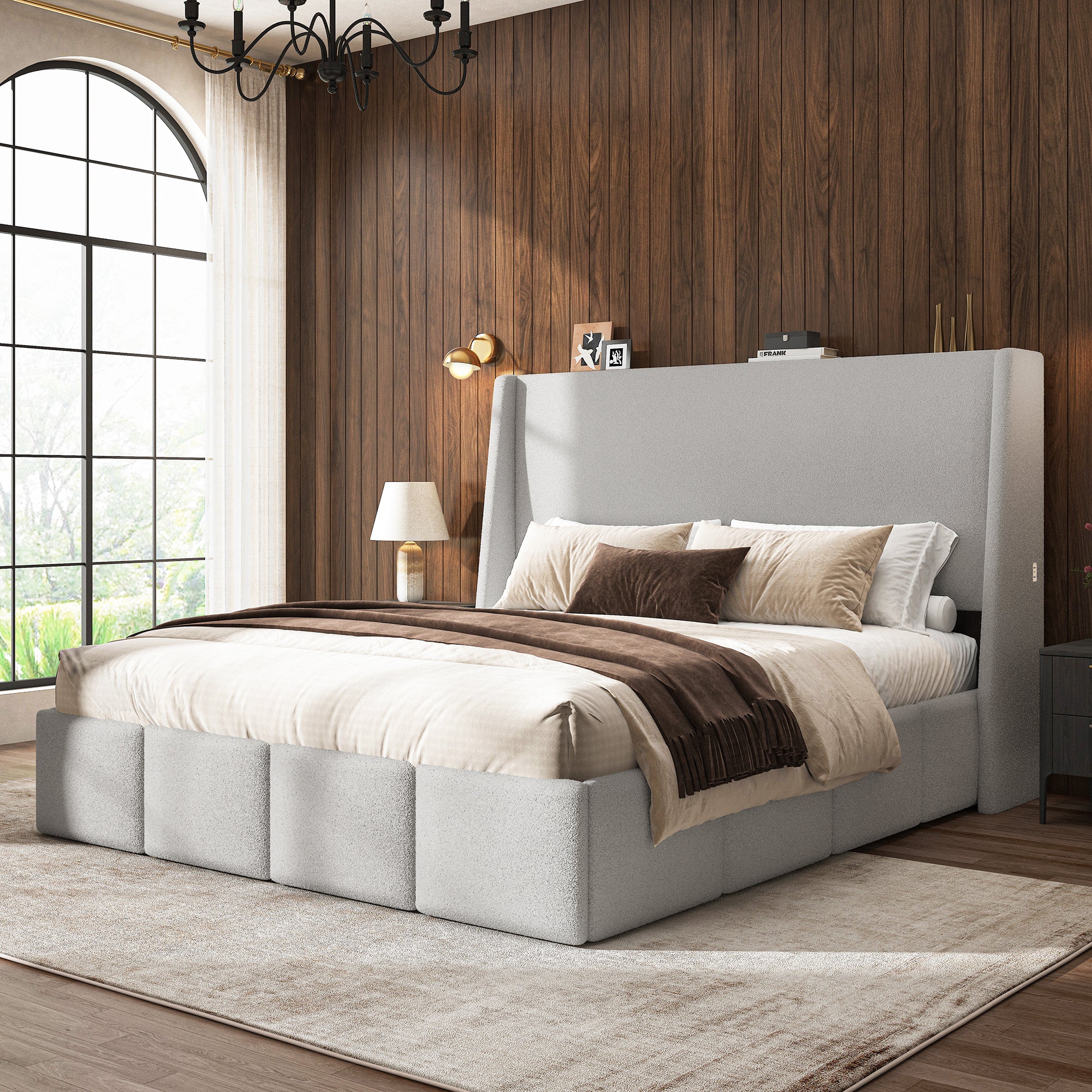 ZENO 54" Tall Lambswool Bed Frame with Charging Headboard
