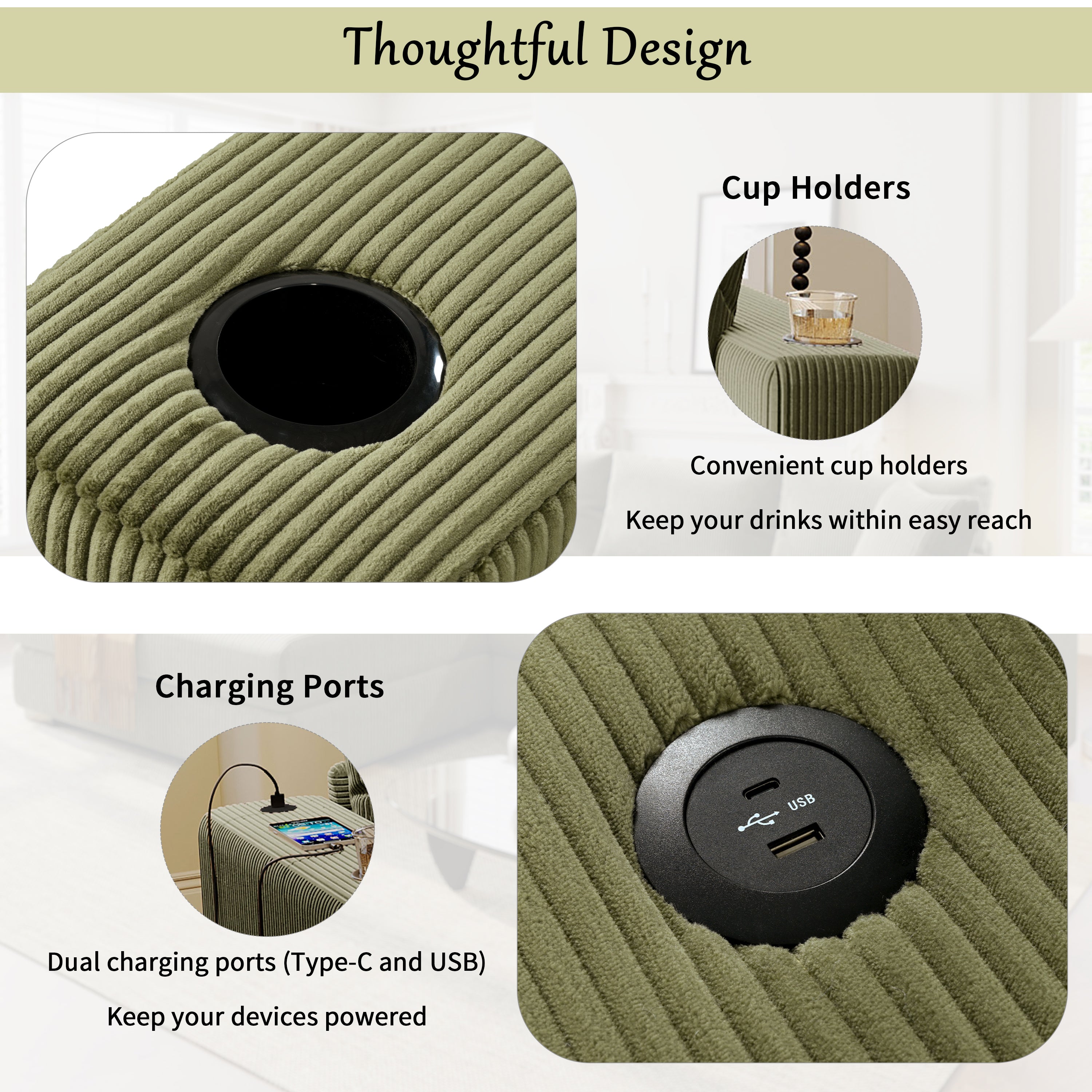 Kova 111" L-Shaped Chaise Longue Sofa  | USB-C Charging  |  Cup Holders