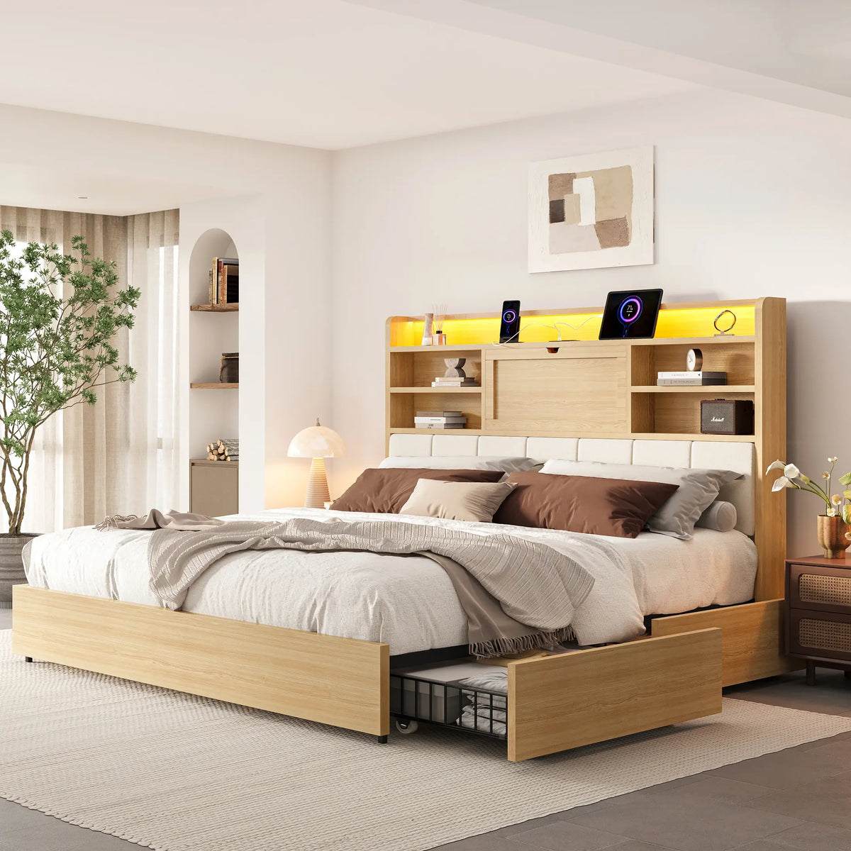 Boho Rattan Storage Bookcase Bed Frame