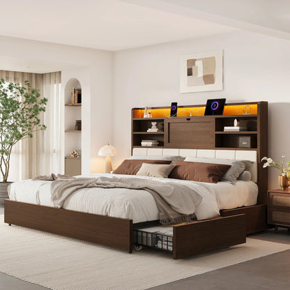 Boho Rattan Storage Bookcase Bed Frame