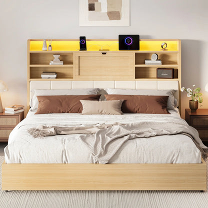 Boho Rattan Storage Bookcase Bed Frame