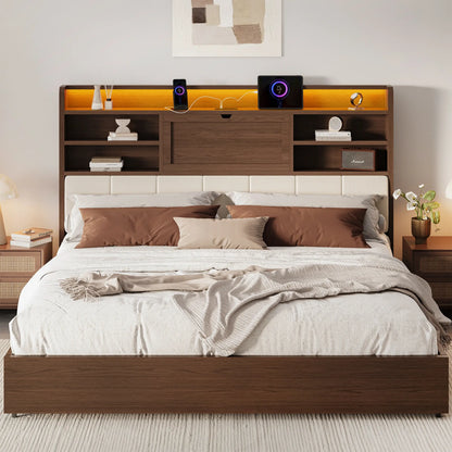 Boho Rattan Storage Bookcase Bed Frame