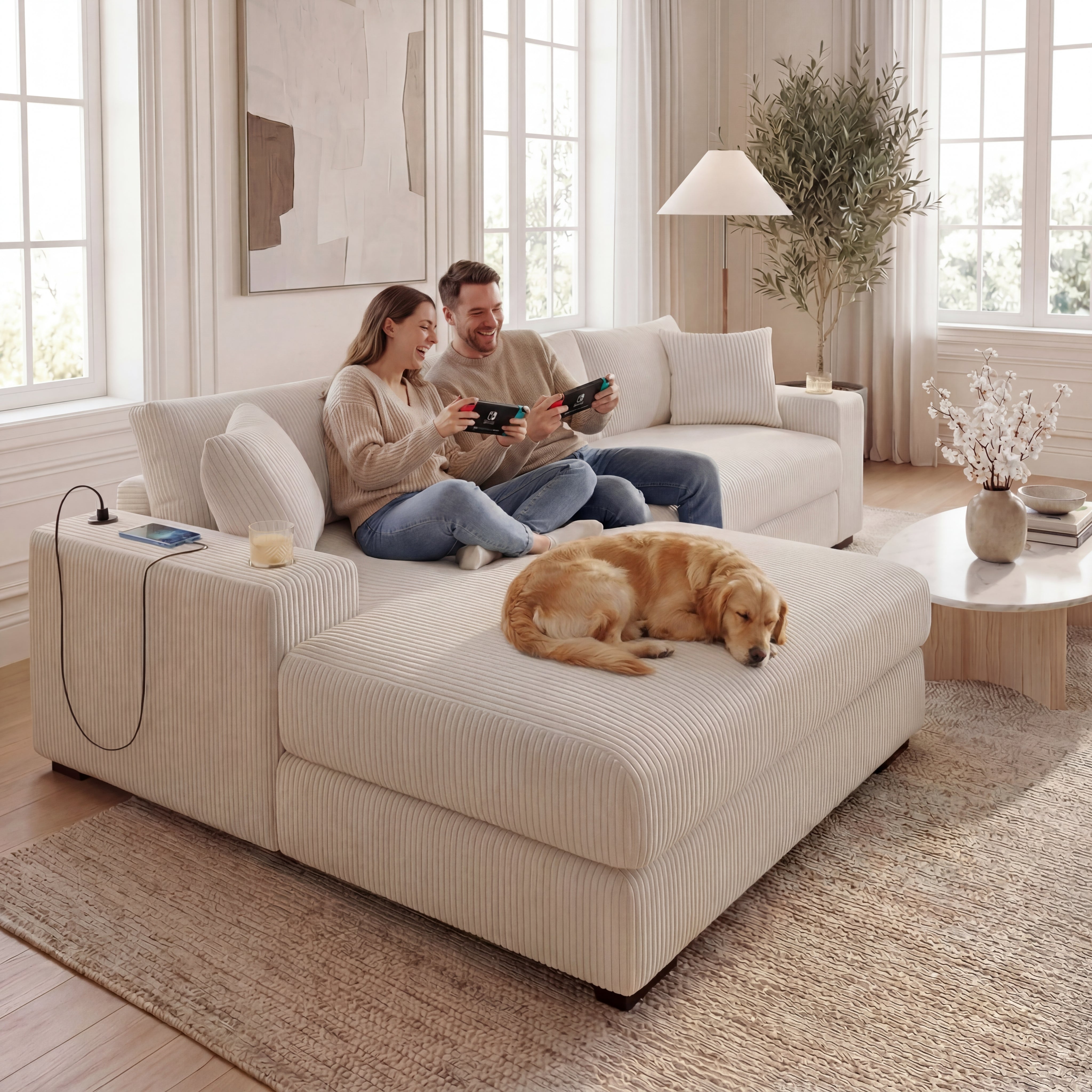 Kova 111" L-Shaped Chaise Longue Sofa  | USB-C Charging  |  Cup Holders