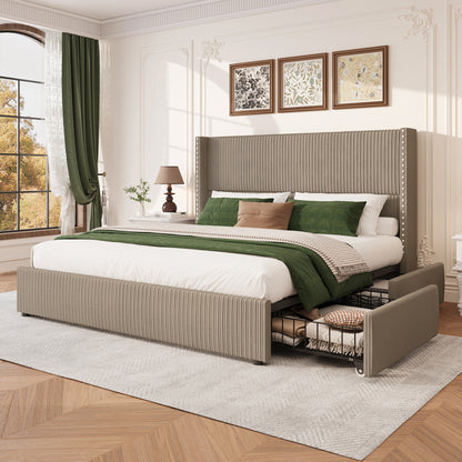 Elysia Upholstered Storage Bed Frame,with Nailhead Trim and 48" Tall Wingback Headboard Brown