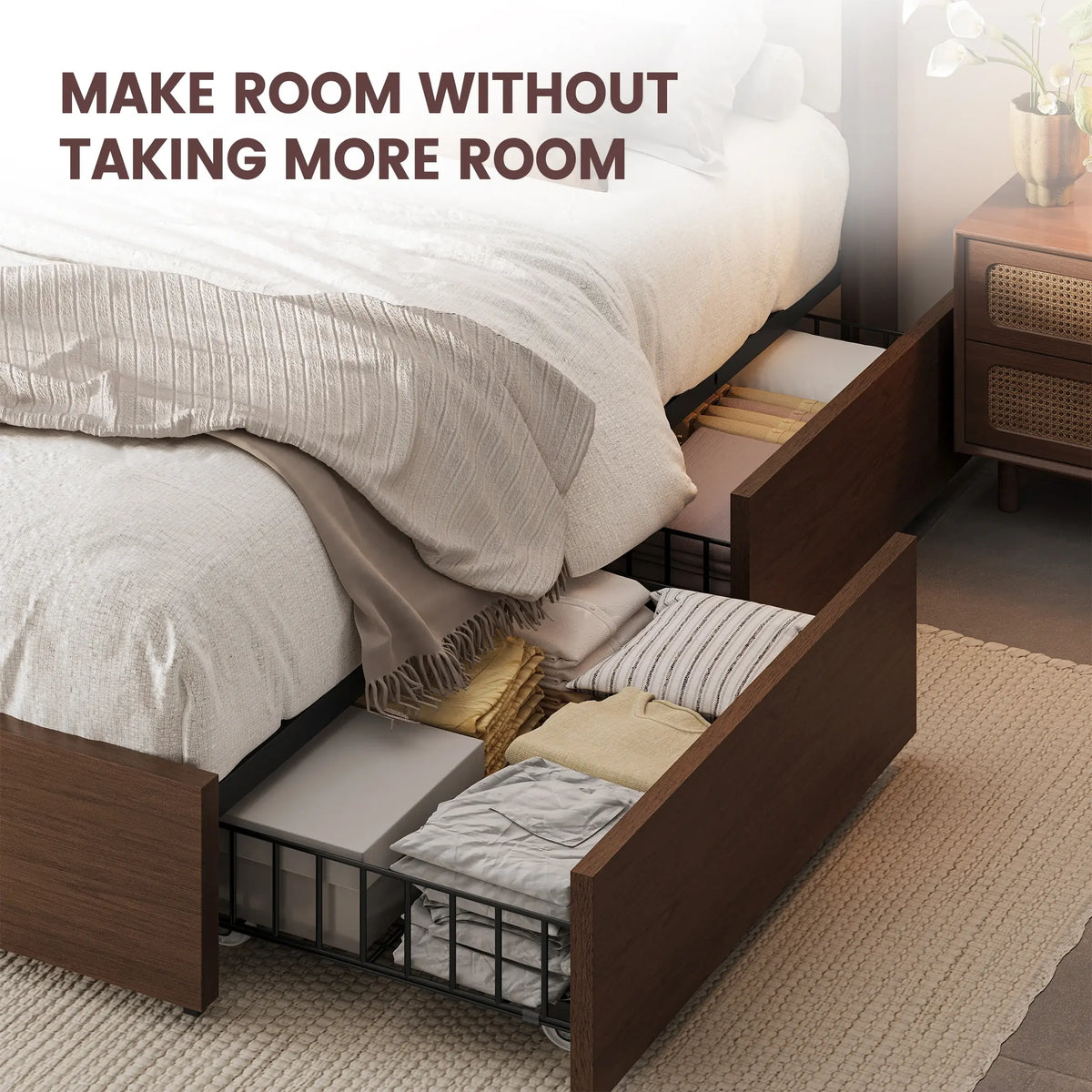 Boho Rattan Storage Bookcase Bed Frame