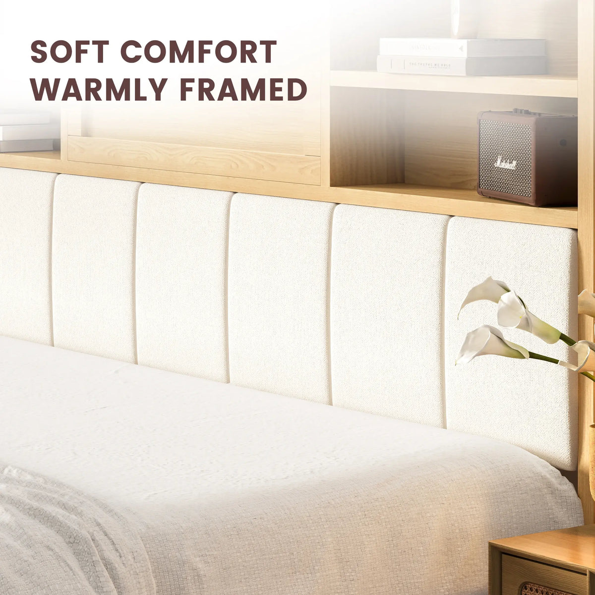 Boho Rattan Storage Bookcase Bed Frame