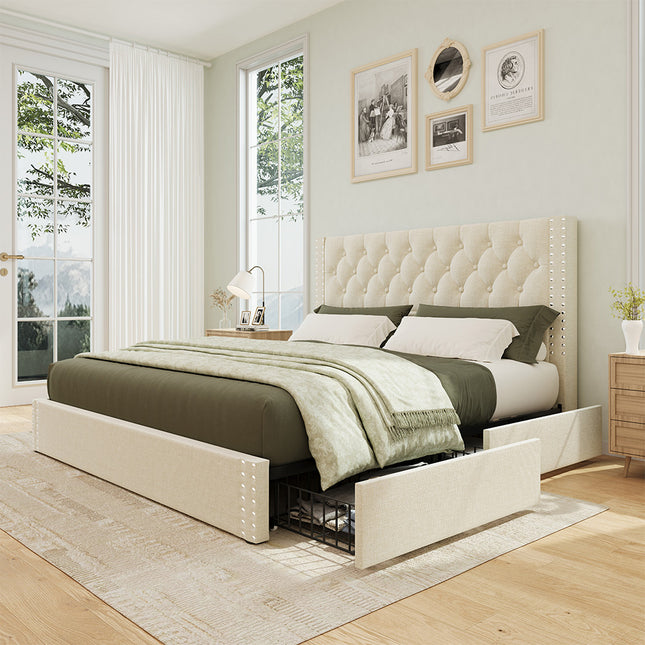 Larmace Upholstered Bed Frame with Storage Linen Platform Tufted Bed Frame with 4 Drawers and Headboard, Wood Slats Support, No Box Spring Beige
