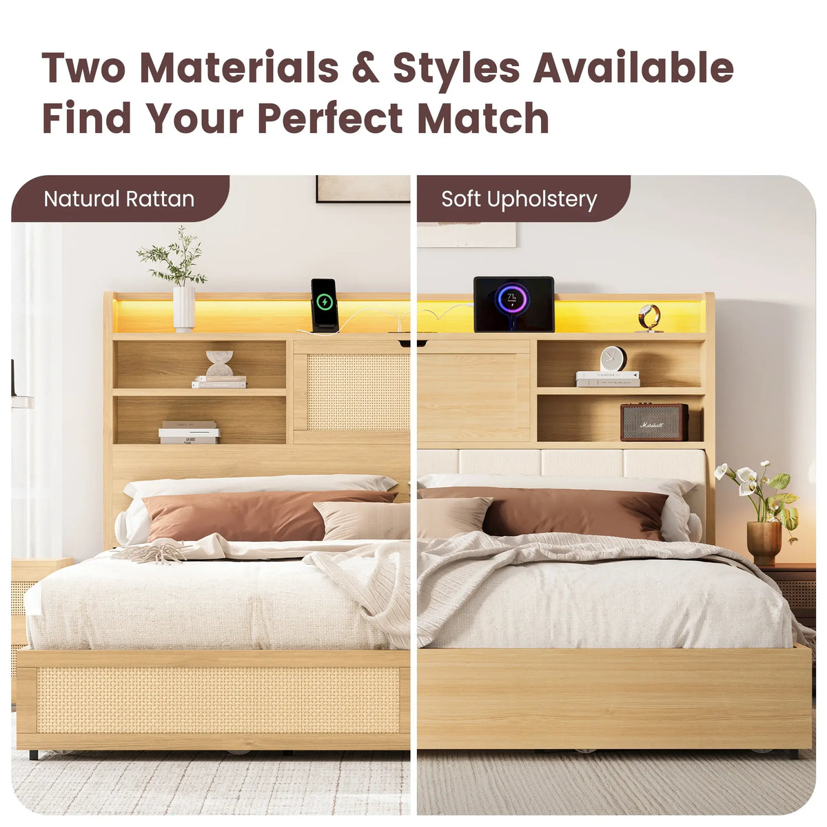 Boho Rattan Storage Bookcase Bed Frame