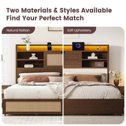 Boho Rattan Storage Bookcase Bed Frame