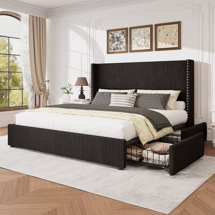 Larmace Upholstered Corduroy Bed Frame  with 4 Storage Drawers,Platform Bed Frame with Vertical Stripe Wingback Headboard,Beige