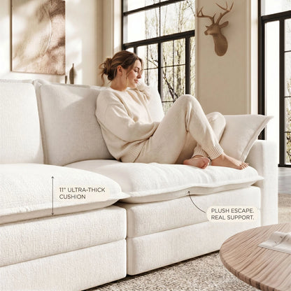 Inside the 11" thick cushion of this dark gray u shape sectional sofa, a modular 7 seater set featuring movable ottomans for cloud-like support