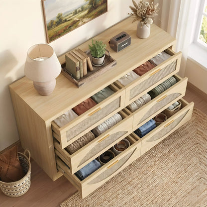 Arched Boho Rattan 6 Drawer Dressers Oak / Walnut