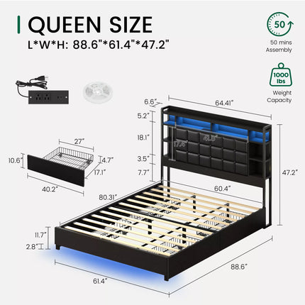 Cubes Industrial Bed Frame with Storage Drawers,Bookcase Headboard, LED Llight & Charging Hub