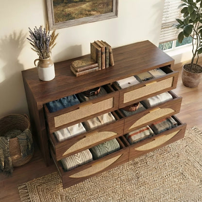 Arched Boho Rattan 6 Drawer Dressers Oak / Walnut