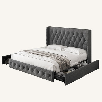 LARMACE 软垫储物床，带 4 个抽屉，带簇绒翼背床头板，适用于卧室，大号床