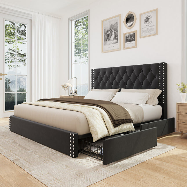 Larmace Upholstered Bed Frame with Storage Linen Platform Tufted Bed Frame with 4 Drawers and Headboard, Wood Slats Support, No Box Spring Velvet Black