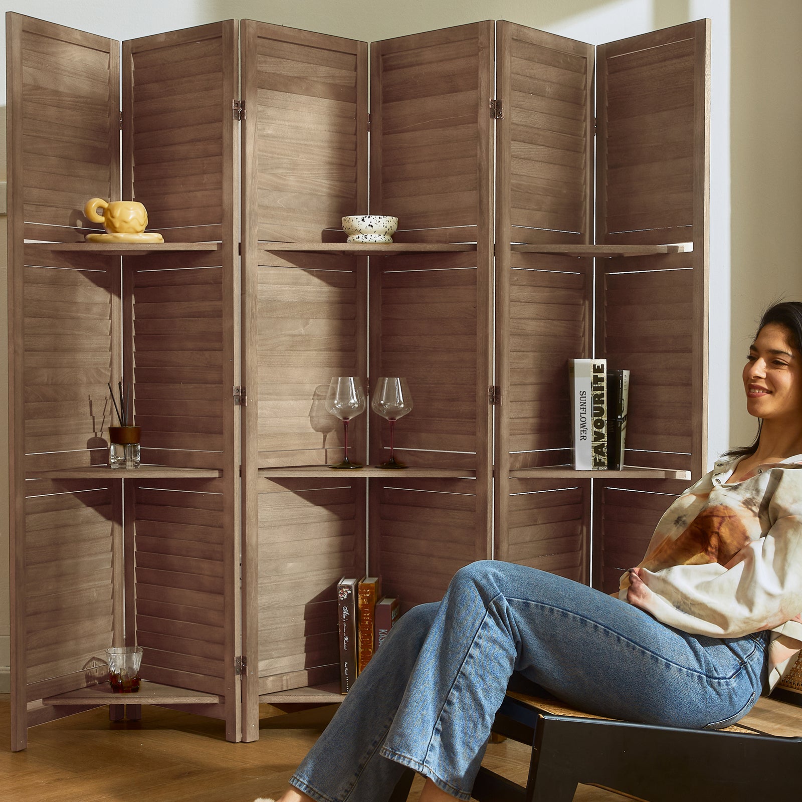 SYLO 5.6ft Folding Wood Room Divider with Shelves