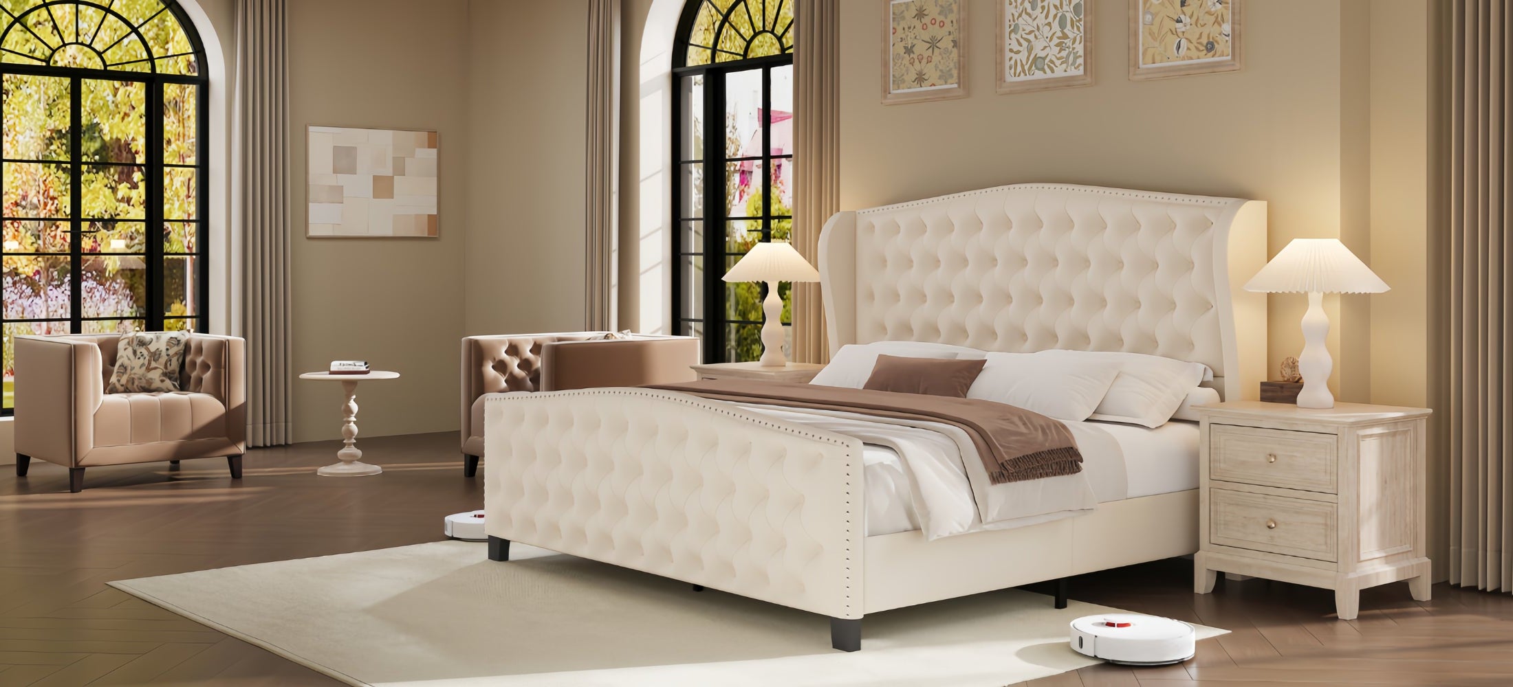 Beige bedroom set with bed, nightstands, and lamps in a well-lit room.