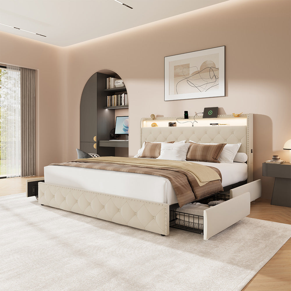 Larmace Bed Frame with 4 Drawers and Storage Headboard, Upholstered LED Bed Frame with Type-C & USB Charging Station, Velvet Platform Bed with Storage, No Box Spring Needed Beige