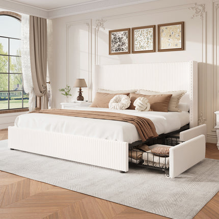 Larmace Upholstered Corduroy Bed Frame  with 4 Storage Drawers,Platform Bed Frame with Vertical Stripe Wingback Headboard,Beige