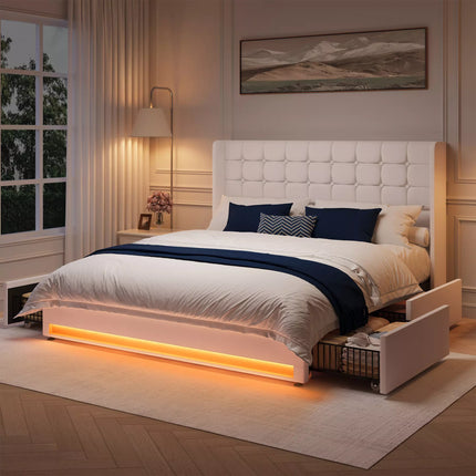 Liora Upholstered Bed Frame with 4 Storage Drawers, Velvet Tufted Butoon Wingback Headboard,LED Lights