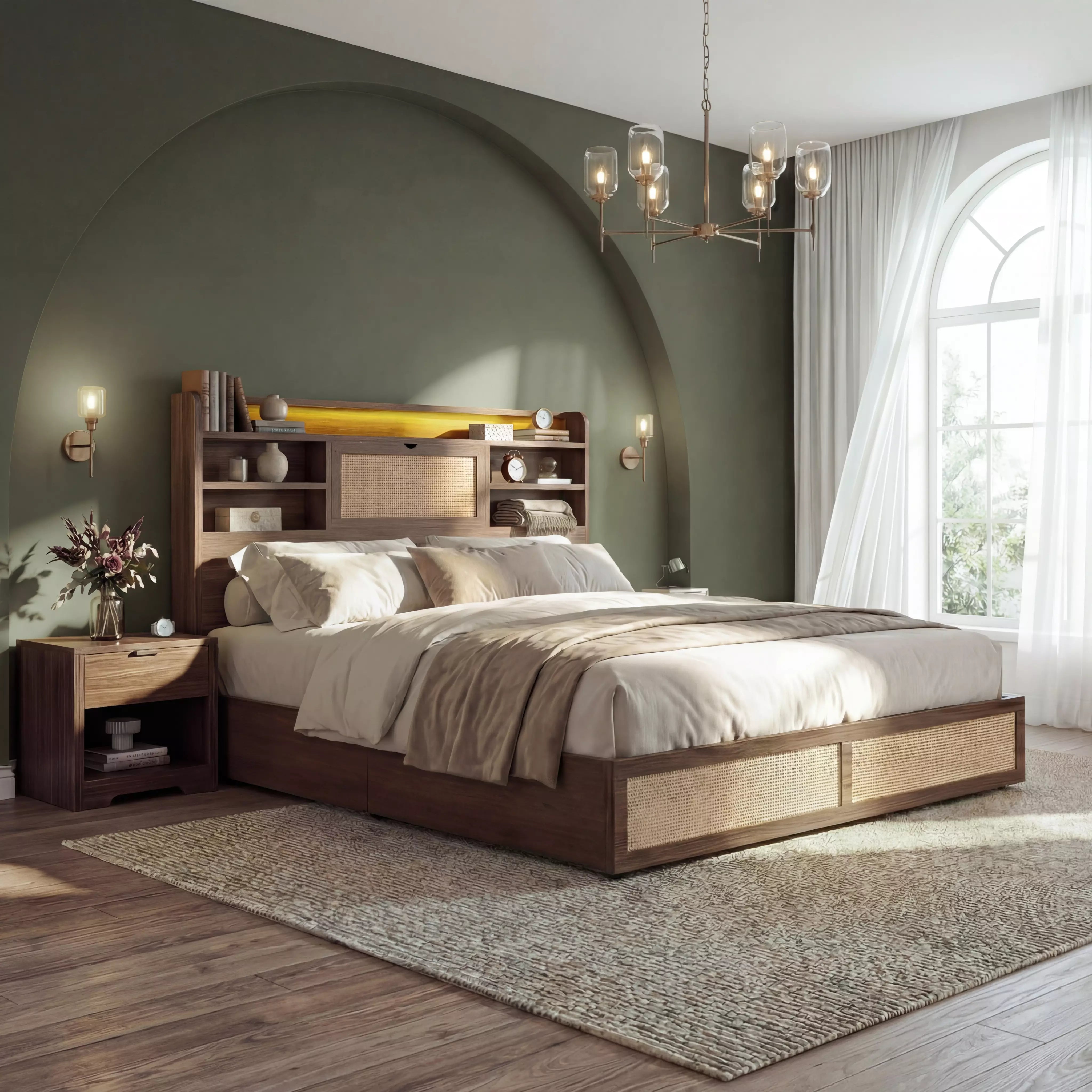 Boho Chic Rattan Storage Bookcase Bed Frame