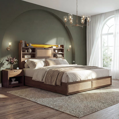 Boho Chic Rattan Storage Bookcase Bed Frame