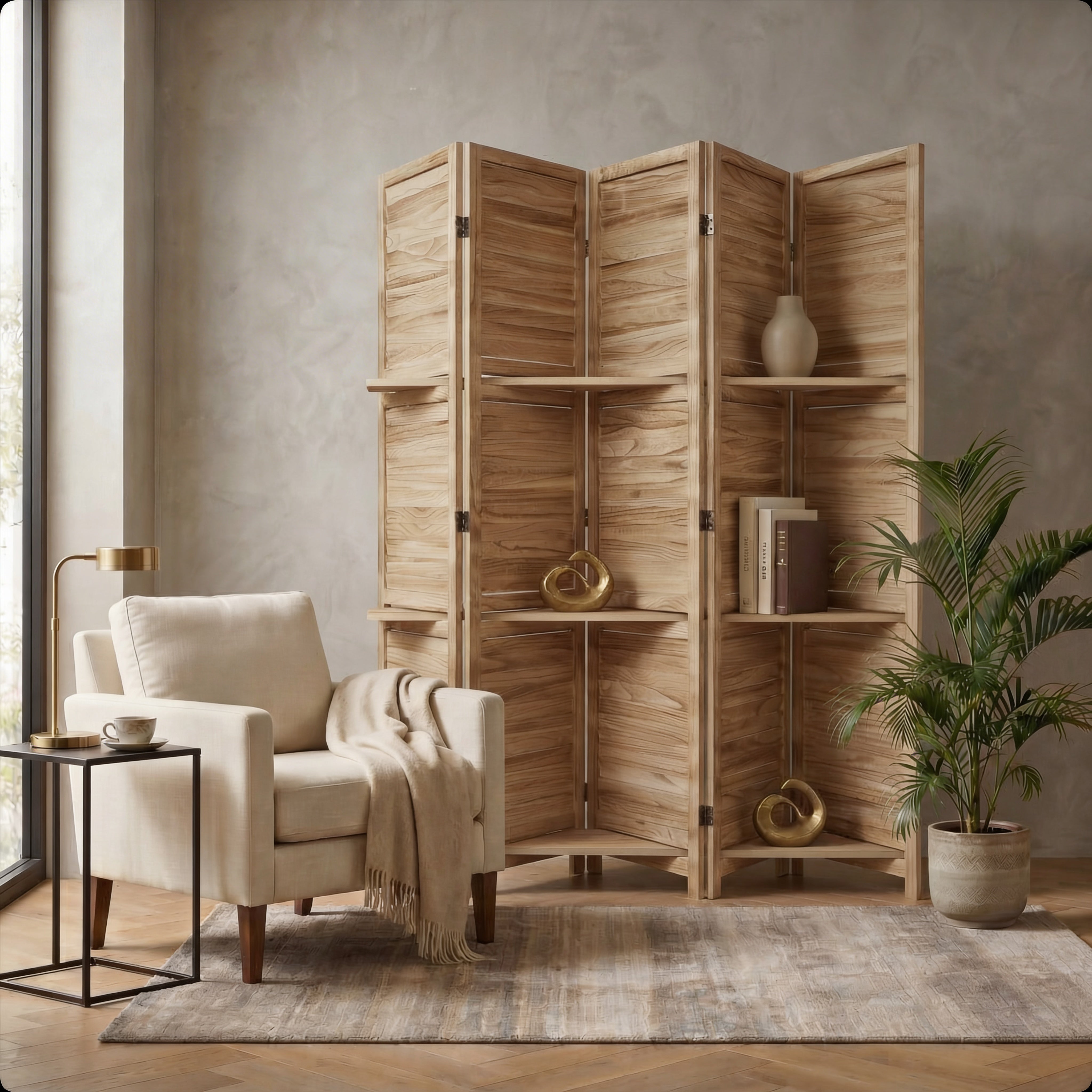 カワヒロ ACOUSTIC DESIGN 5段オーディラック Japandi Wood Room Divider with Shelves | 4/5/6 Panel Privacy